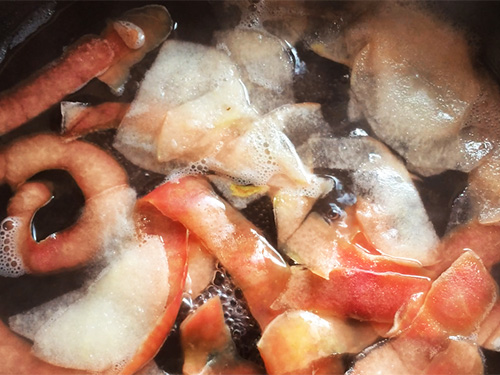 2. 鍋にりんごの皮、砂糖、レモン汁を入れて強火にかけ、煮立ったら弱火にして20分煮る。<br>
								そのまま１～2時間冷ます。※時間をおくほどに色鮮やかな色に変わります。
