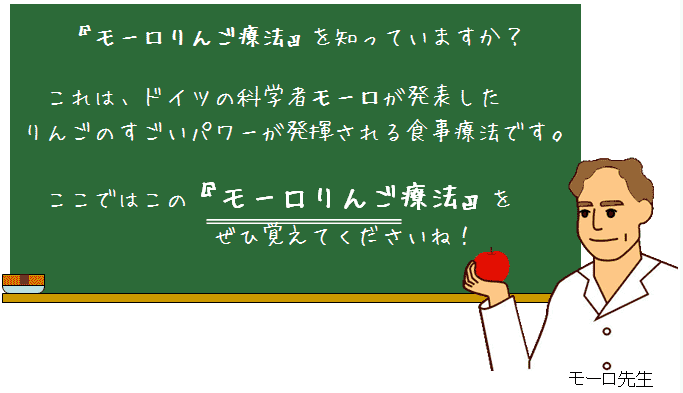 モーロ黒板画像１：「モーロりんご療法」を知っていますか？これは、ドイツの科学者モーロが発表したりんごのすごいパワーが発揮される食事療法です。ここではこの「モーロりんご療法」をぜひ覚えてくださいね！